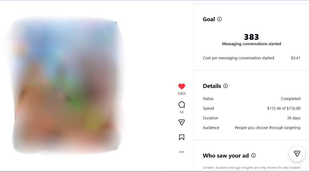 Instagram Ad Campaign: 383 Messaging Conversations Started at $0.41